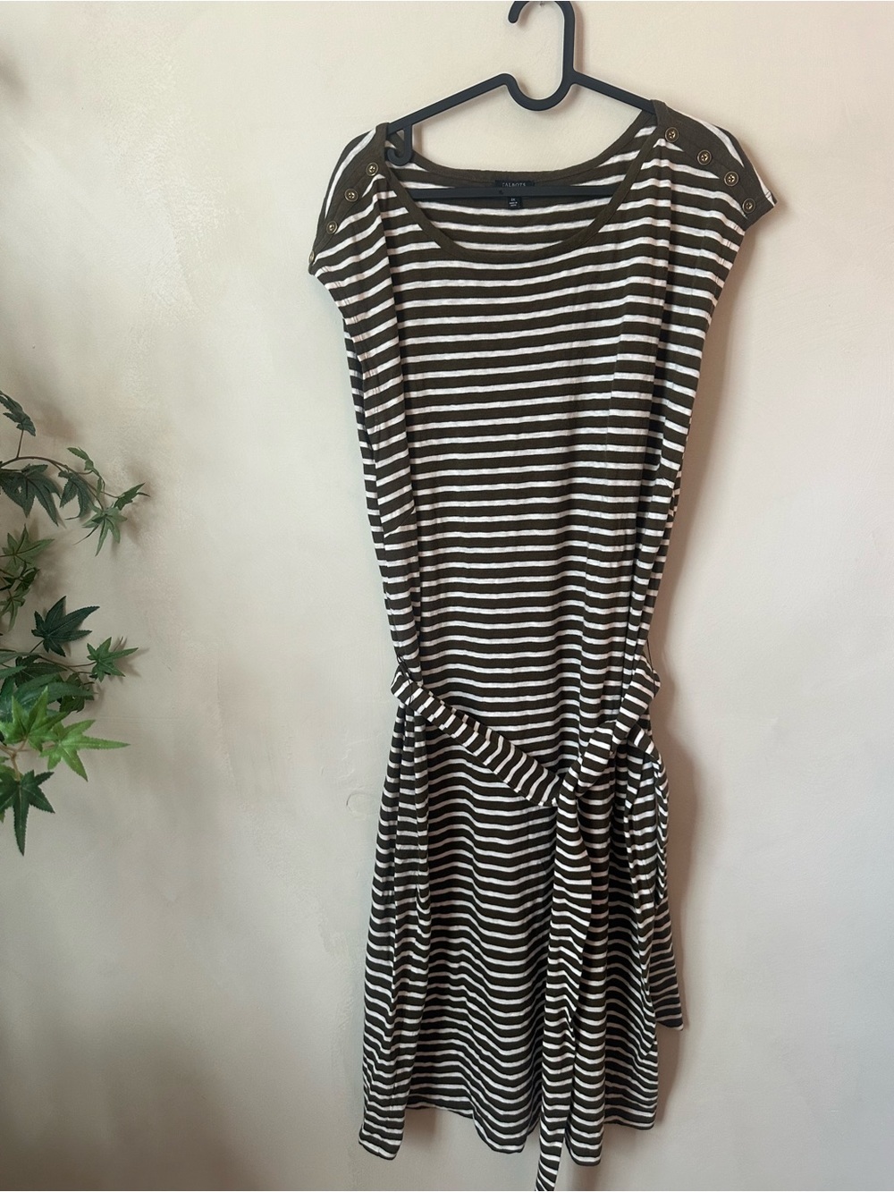 Talbots Stripe Belted Knit Dress Size 1X Olive White Nautical Slub